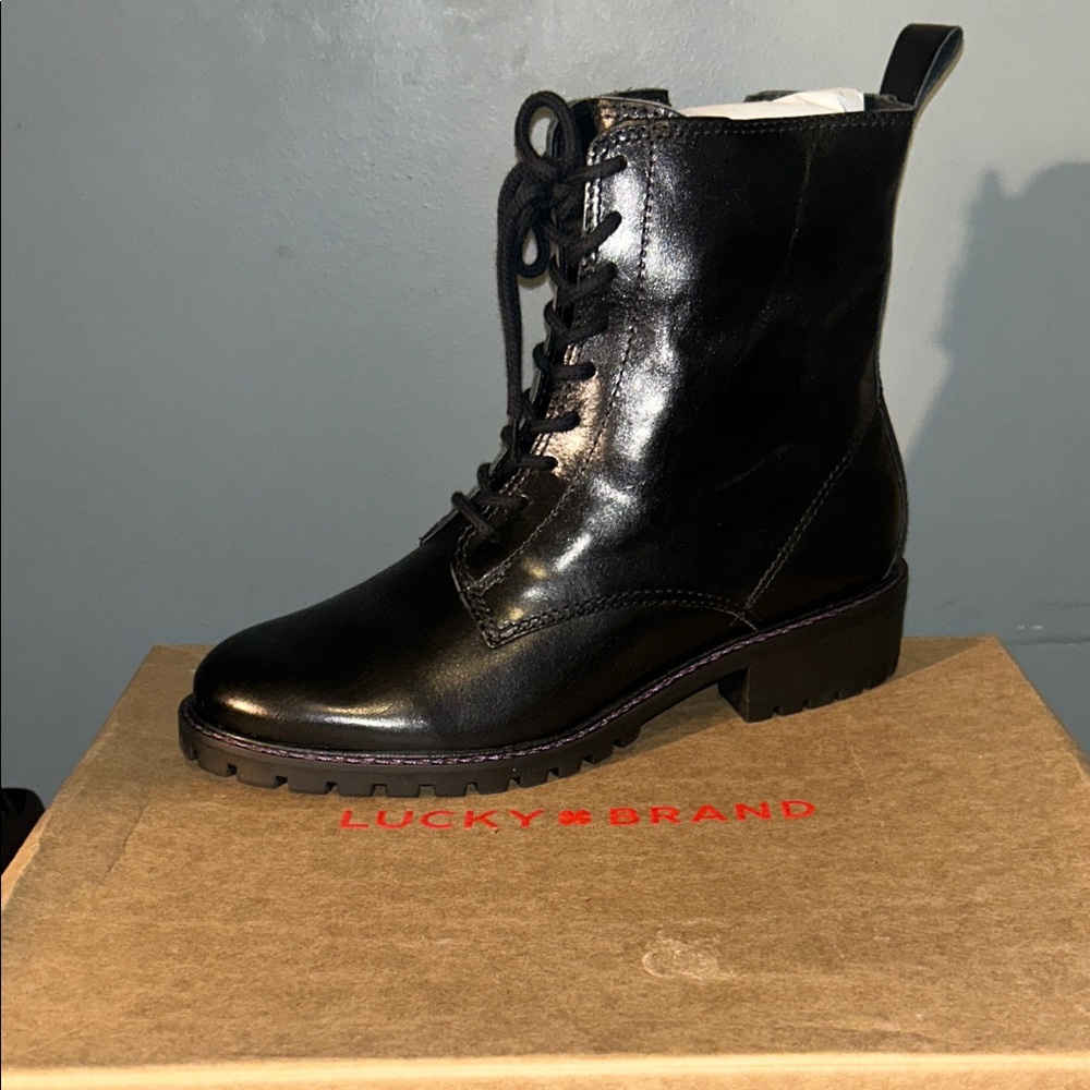 Lucky Brand Women's Shiny Black Combat Boots